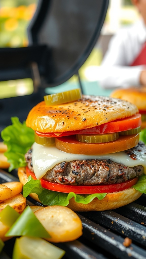 A perfectly seasoned hamburger with cheese, lettuce, tomato, and pickles on a toasted bun, ready to be enjoyed.